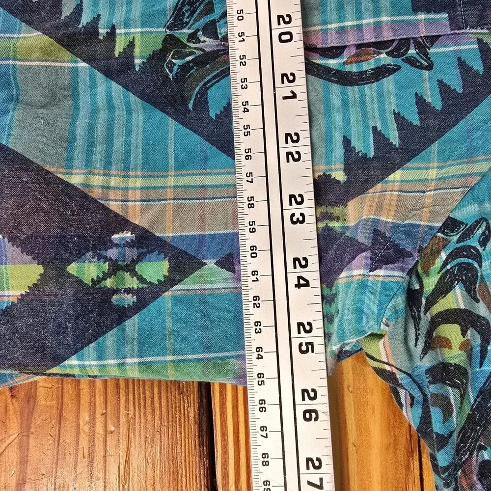 Polo Ralph Lauren Hawaiian Shirt Mens XL Blue Aztec Cotton Beach Plaid Shark EUC